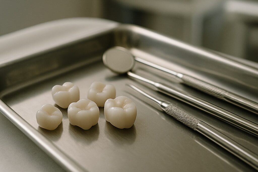 Ceramic dental crowns on a tray before placement on a cracked tooth