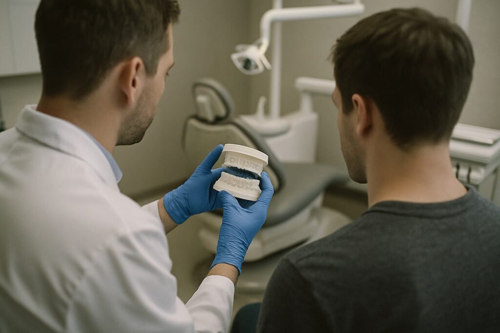 Dentist explaining when a cracked tooth needs a crown using a dental model